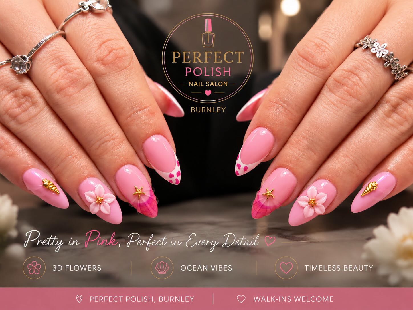 Pink and white ombré nails with gold accents by Perfect Polish
